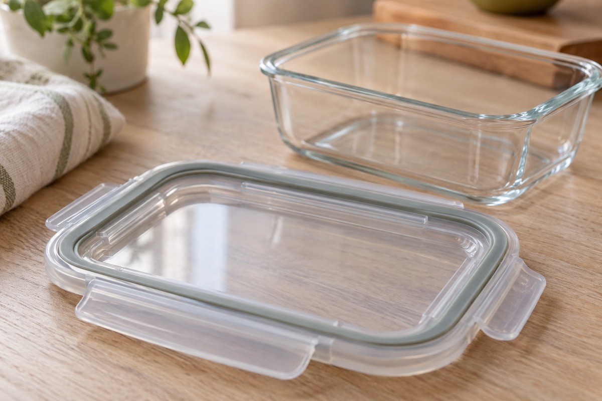 Clear lidded container with a rubber gasket beside a flat vacuum-sealed pouch on a counter