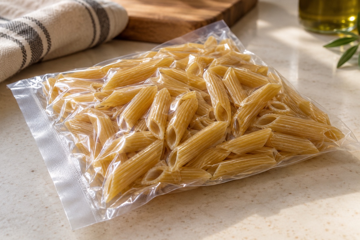 Plain clear vacuum-sealed pouch tightly wrapped around dried pasta with a flat heat-sealed edge