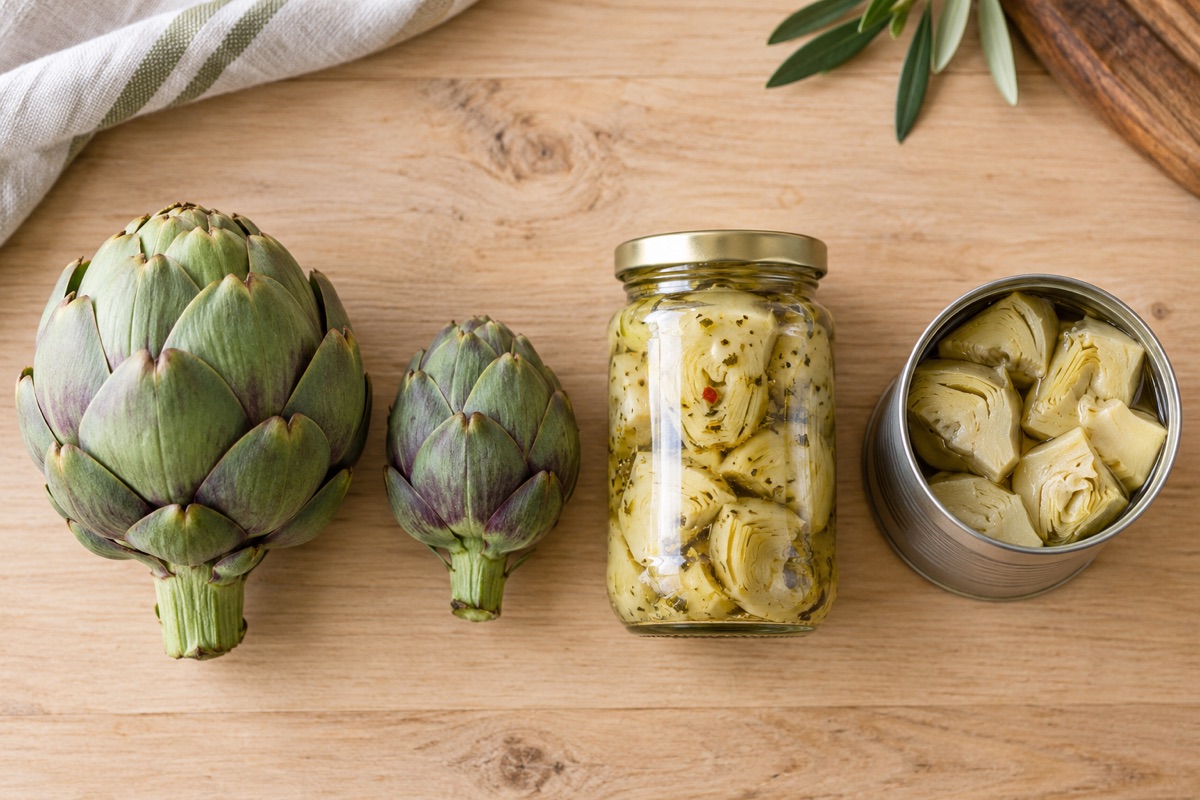 A fresh globe artichoke, a baby artichoke, a jar of marinated hearts and a can of quartered hearts side by side