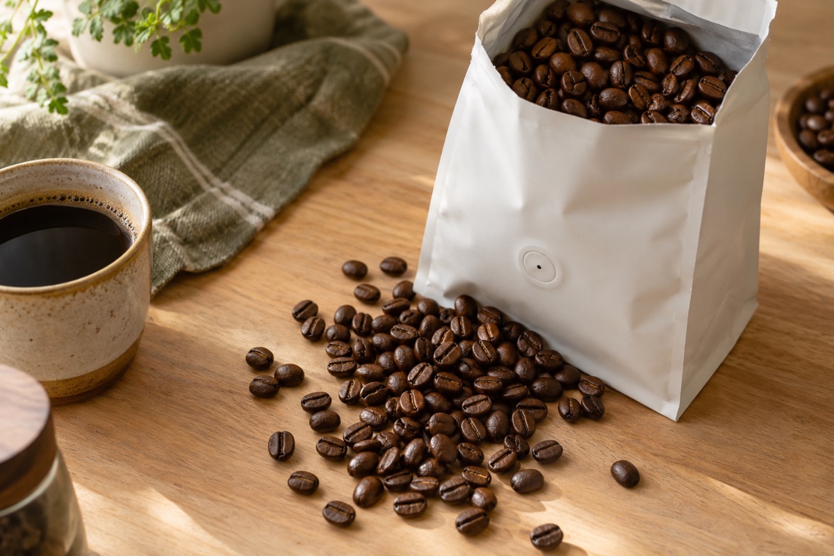 Opened plain coffee bag with whole roasted beans spilling out and a round valve on the front