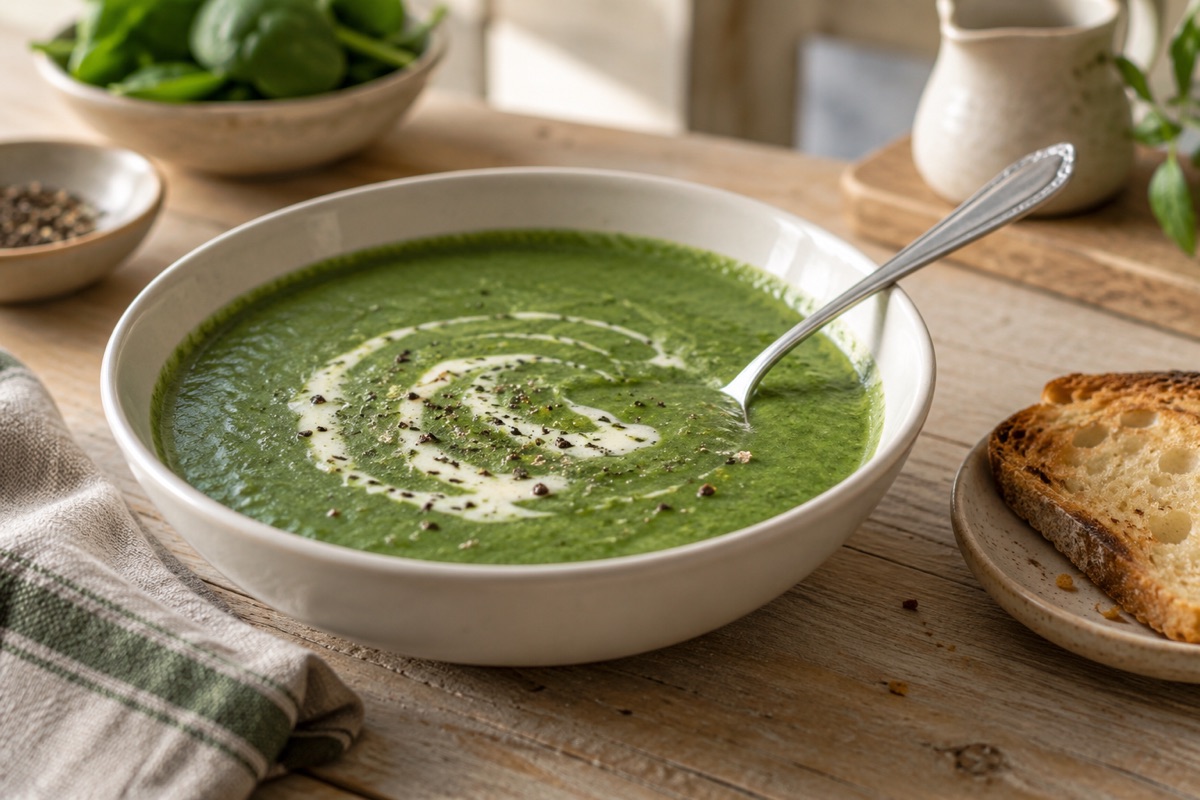A white bowl of smooth green cream of spinach soup with a swirl of cream, a spoon and toasted bread