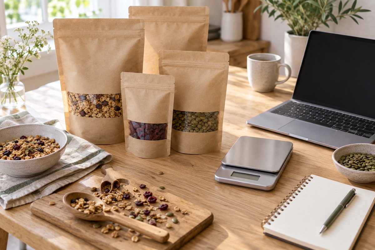 A packing table with sample pouches in several sizes, a notebook, a kitchen scale and a laptop
