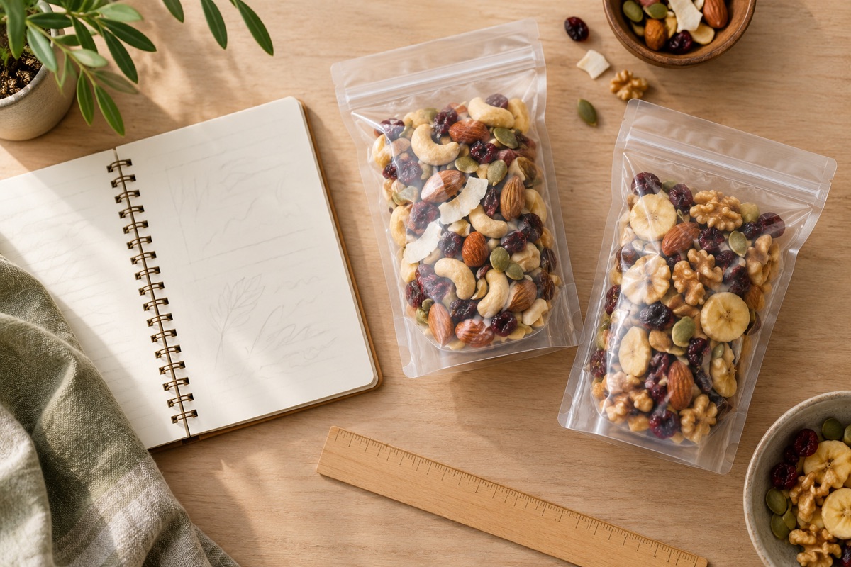 An open notebook beside clear sample pouches of trail mix on a wooden table