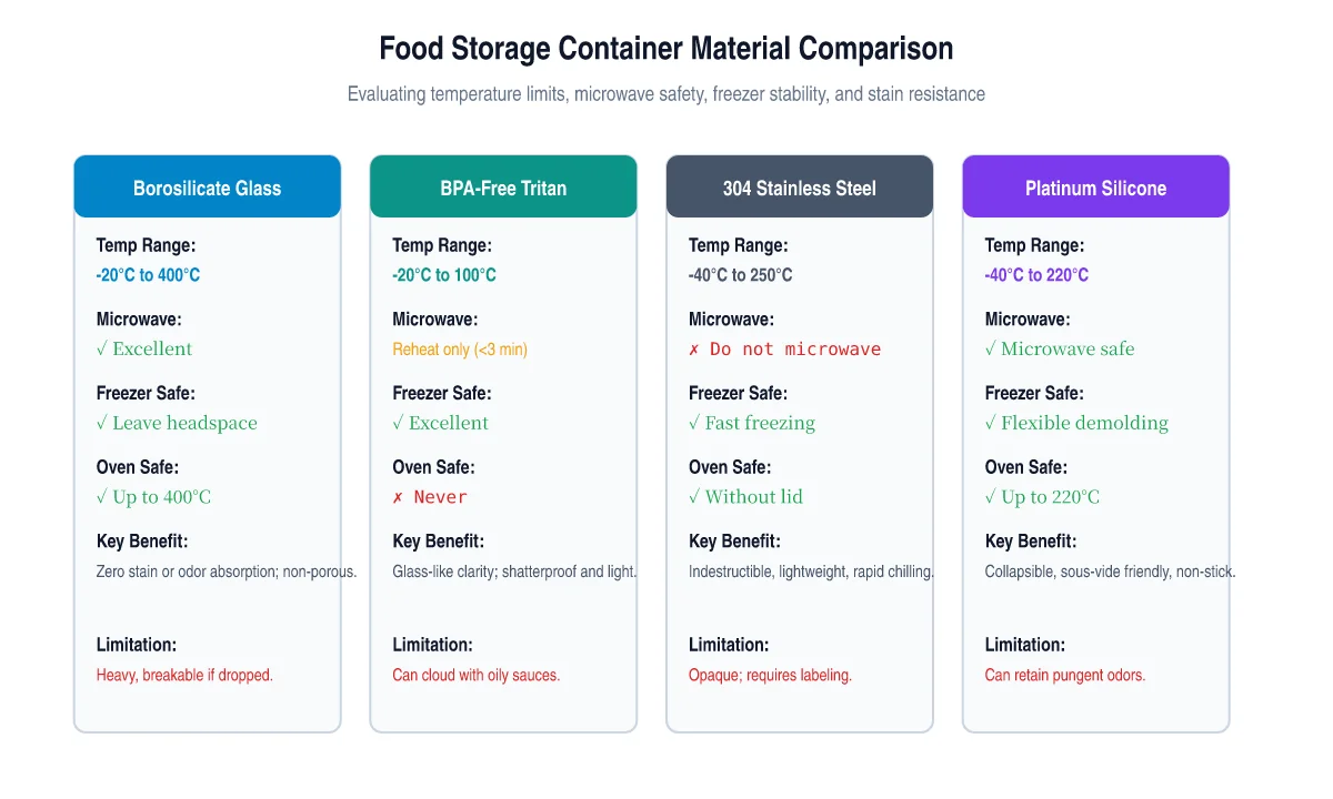 Comparison matrix of food storage containers across glass, plastic, stainless steel, and silicone materials