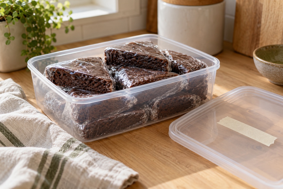 Individually wrapped chocolate cake slices stacked in a lidded container with blank tape on the lid