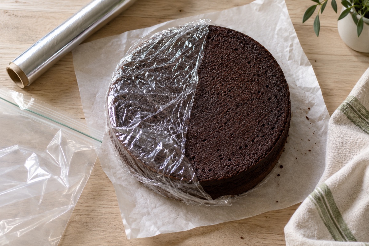 Cake layer being wrapped in clear plastic wrap with foil and a freezer bag ready