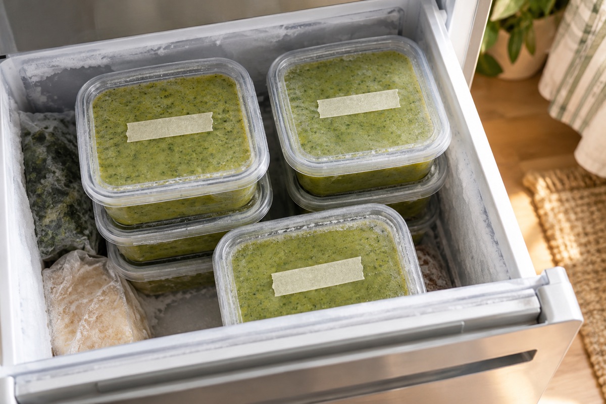 Lidded containers of green soup stacked in a freezer drawer with blank tape on the lids