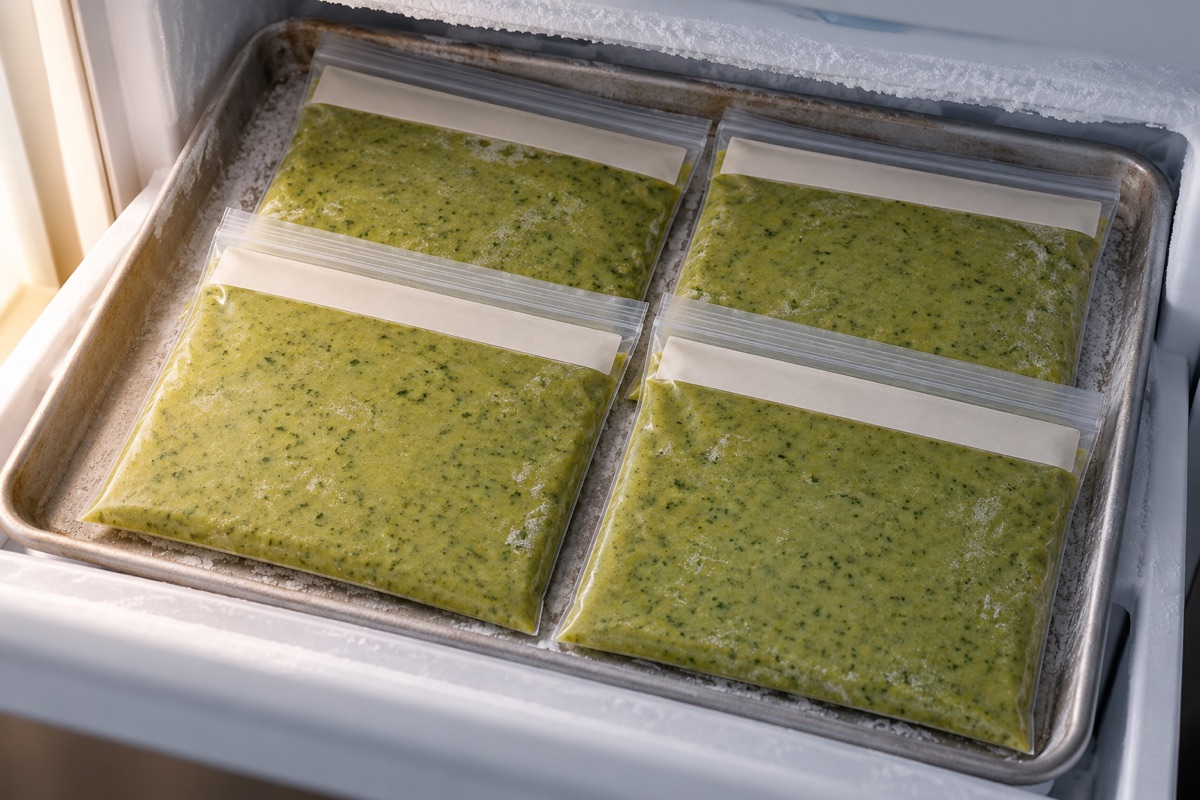 Thin flat bags of soup laid on a baking sheet to freeze