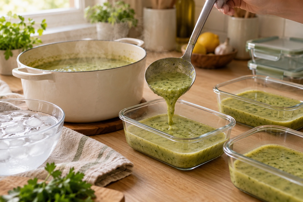 Soup ladled into shallow containers with empty space left below the rim