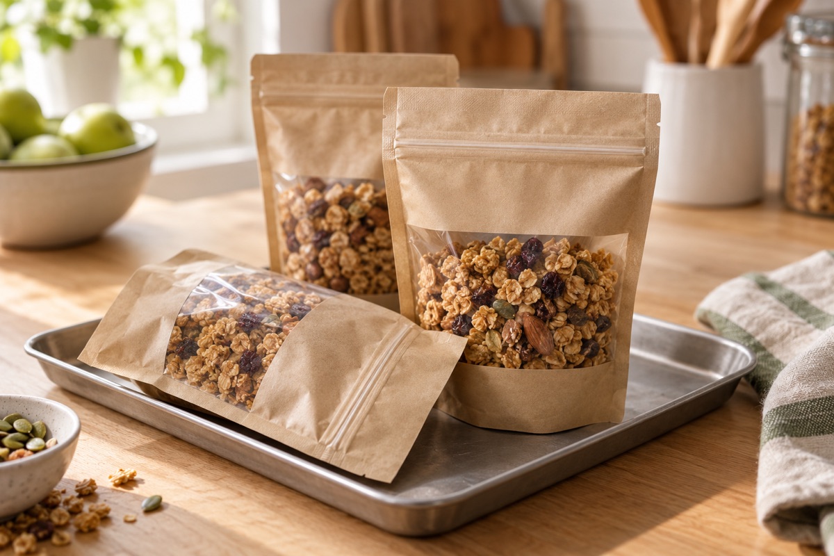 Tray of filled granola pouches, one with a closed zipper and another with a heat-sealed top edge