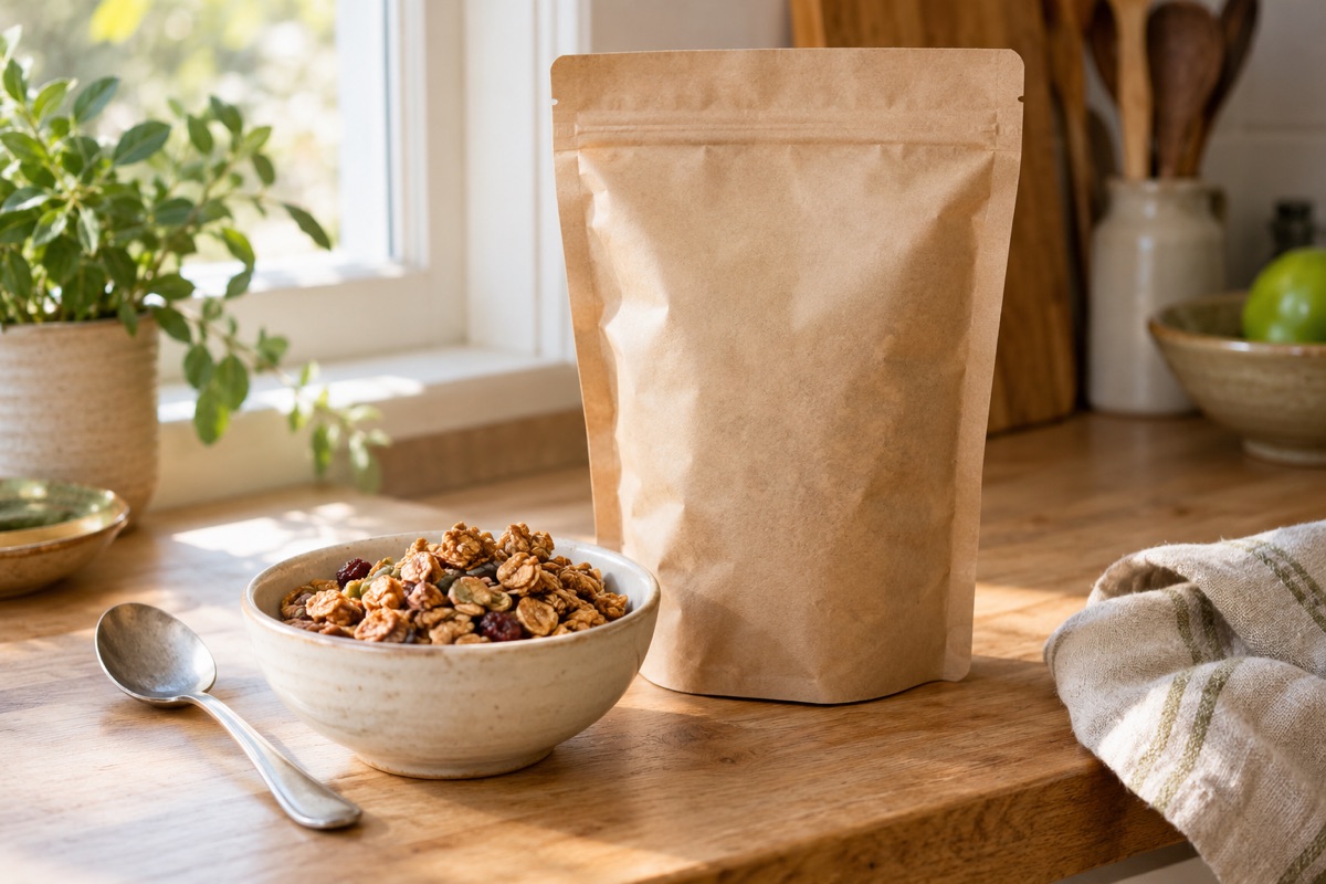 Plain kraft stand-up pouch with zipper beside a bowl of granola on a wooden counter
