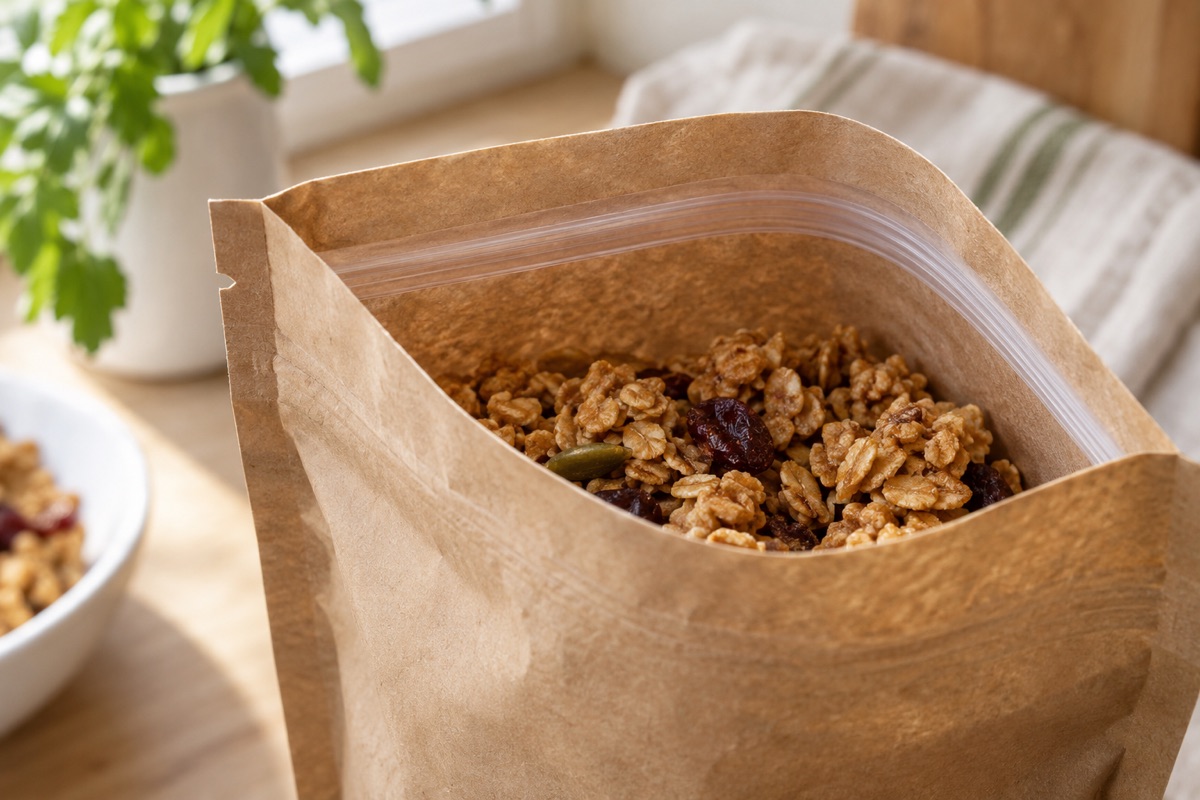 Top of a stand-up pouch showing the zipper track and tear notch with granola inside