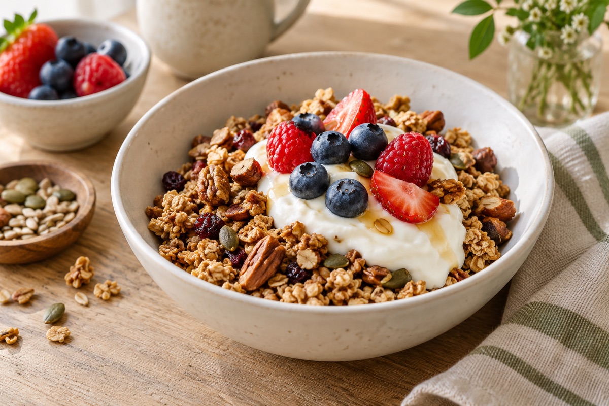 Bowl of golden granola with large clusters, yogurt and berries on a wooden table