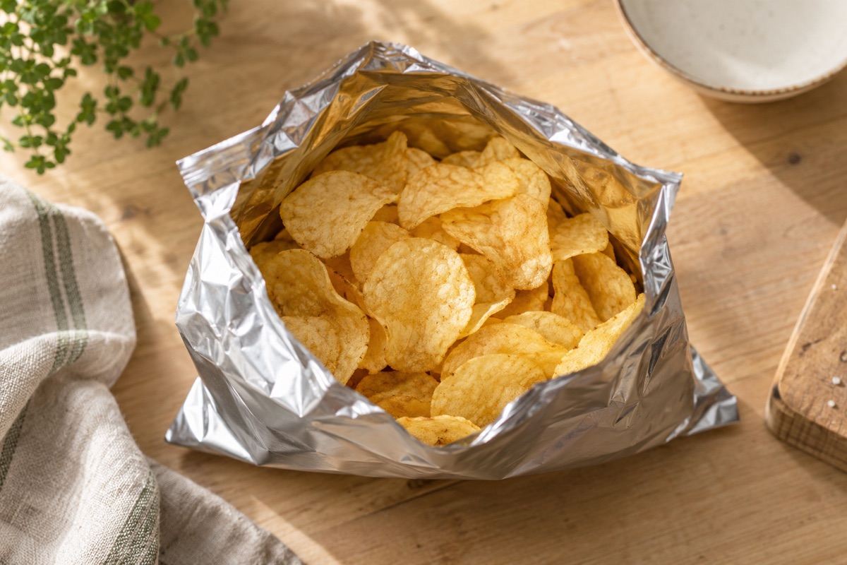 Opened plain silver chip bag with golden potato chips and a shiny metallic inner film