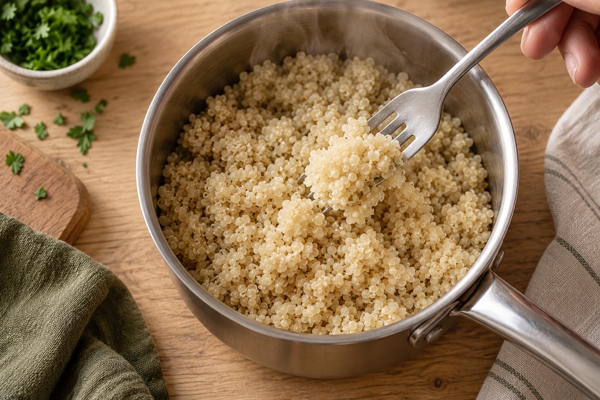 Saucepan of fluffy cooked quinoa being fluffed with a fork