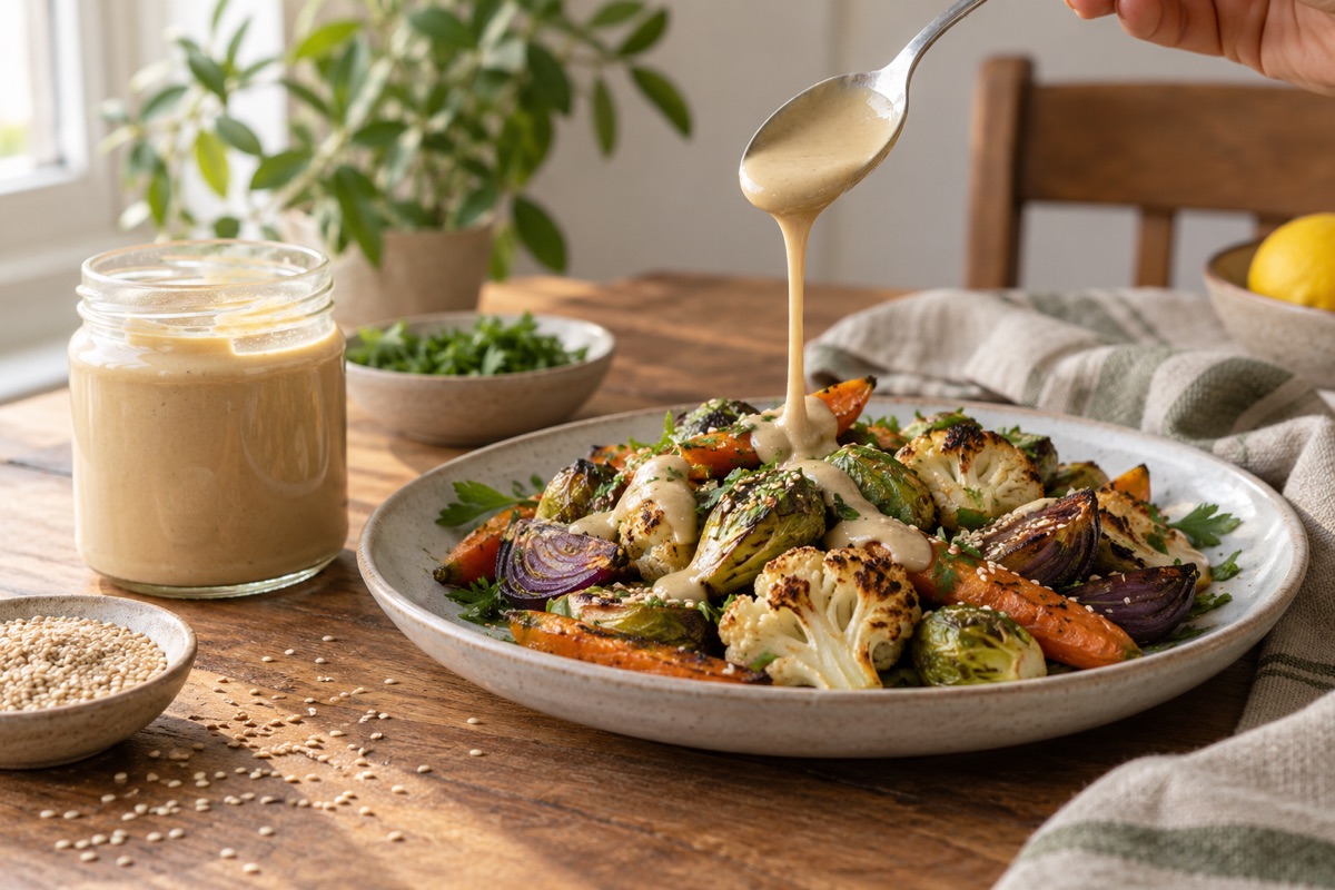 Jar of tahini with a spoon drizzling it over roasted vegetables on a plate