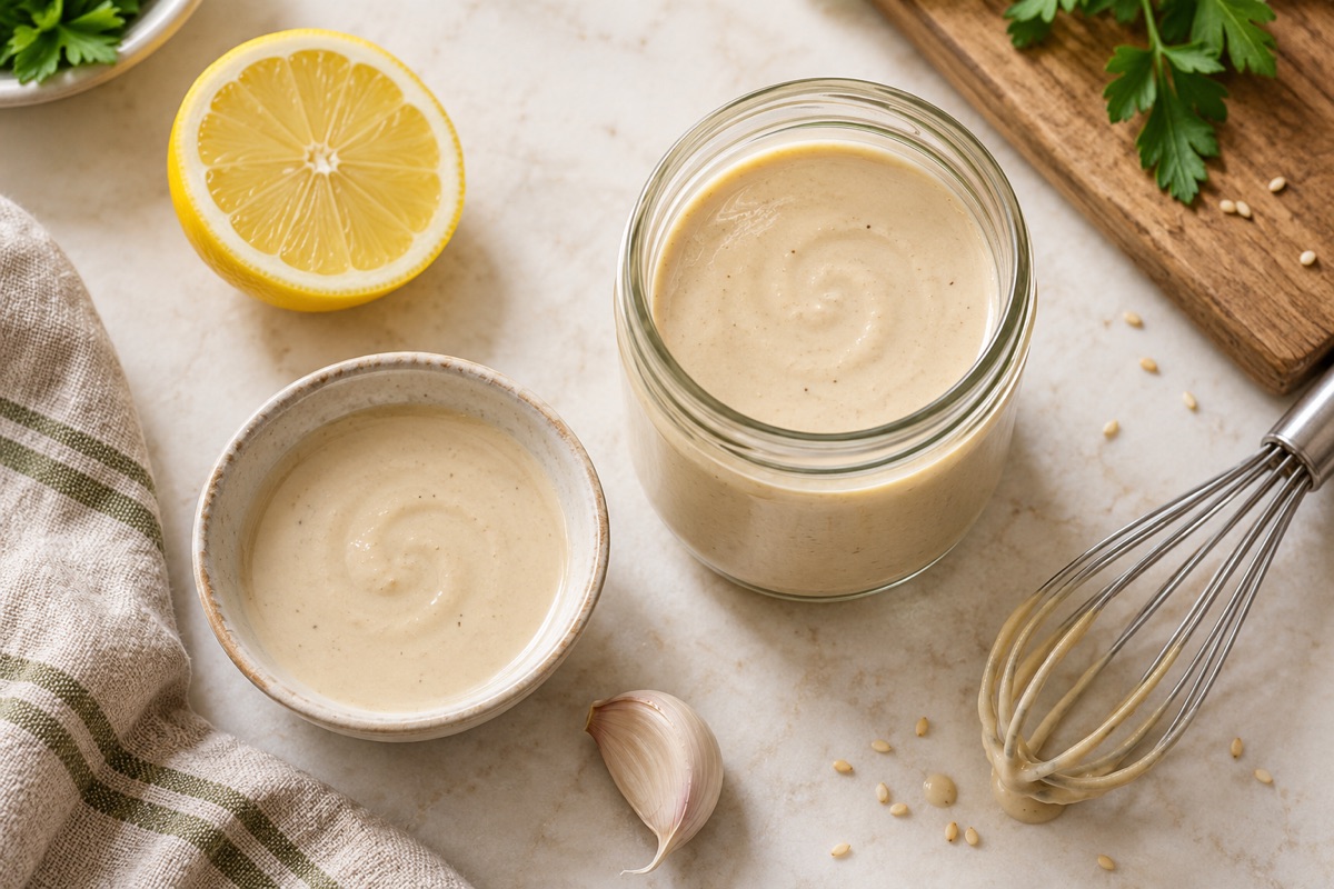 Bowl of creamy tahini sauce with a lemon half, garlic clove and whisk on a counter