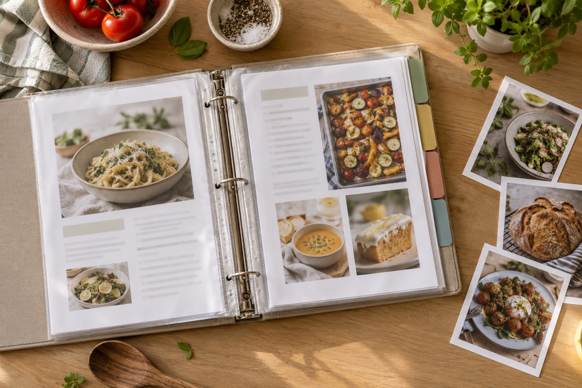 An open binder of recipe pages in sleeves with colored tab dividers and photo prints beside it