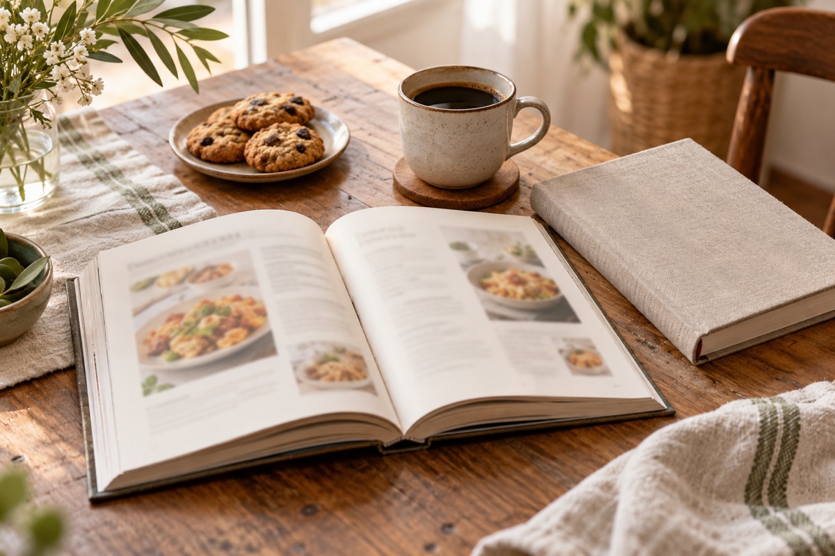 An open homemade recipe book on a kitchen table with a cup of coffee and a plate of cookies