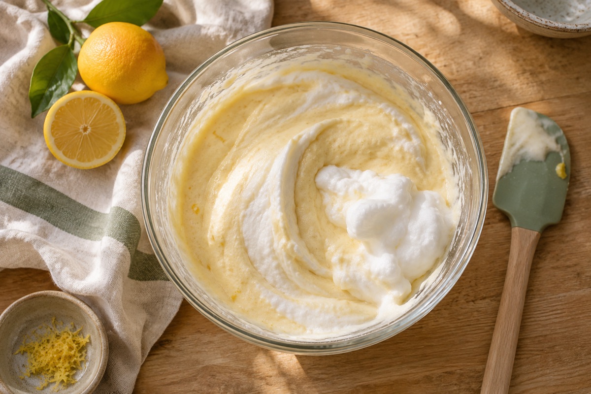 Glass bowl of pale lemon batter with beaten egg white folded in and a spatula beside it