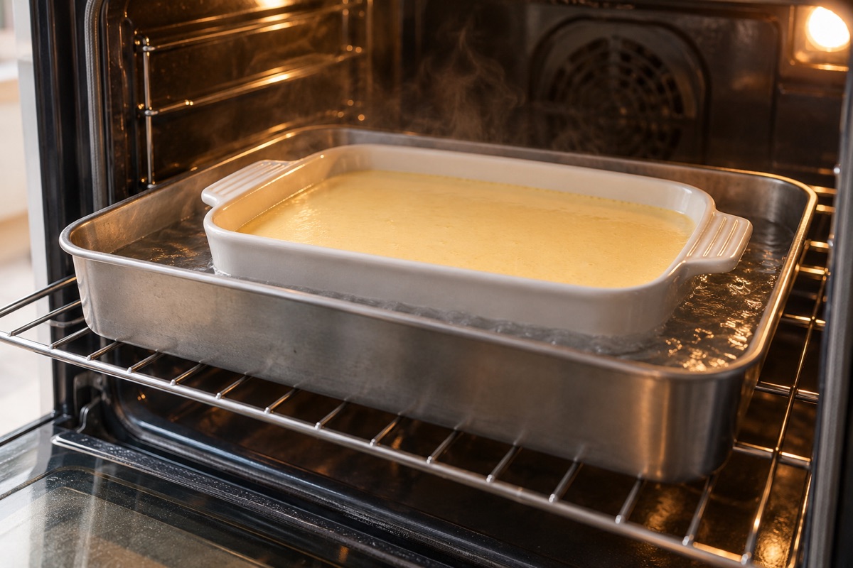 Baking dish of lemon batter set in a larger roasting pan of hot water on an oven rack