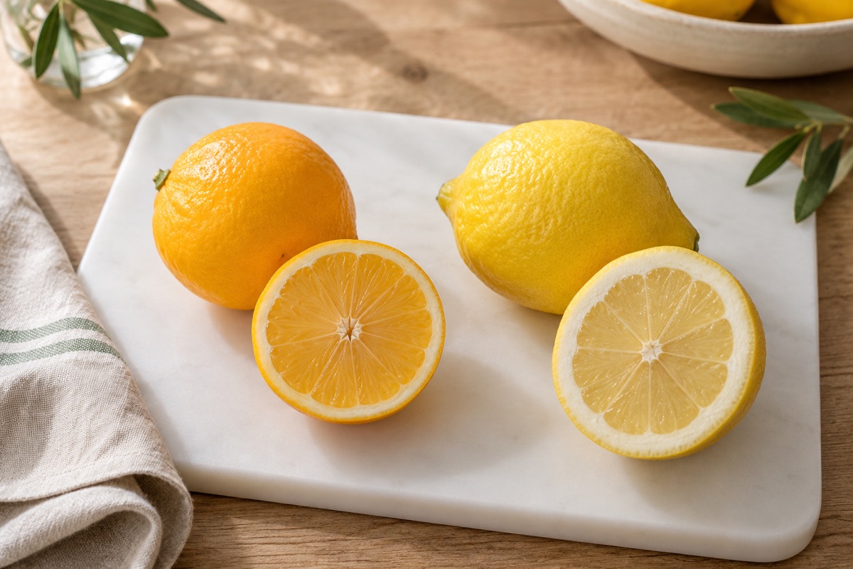 A deep yellow-orange Meyer lemon and a bright yellow regular lemon side by side, each with a halved piece