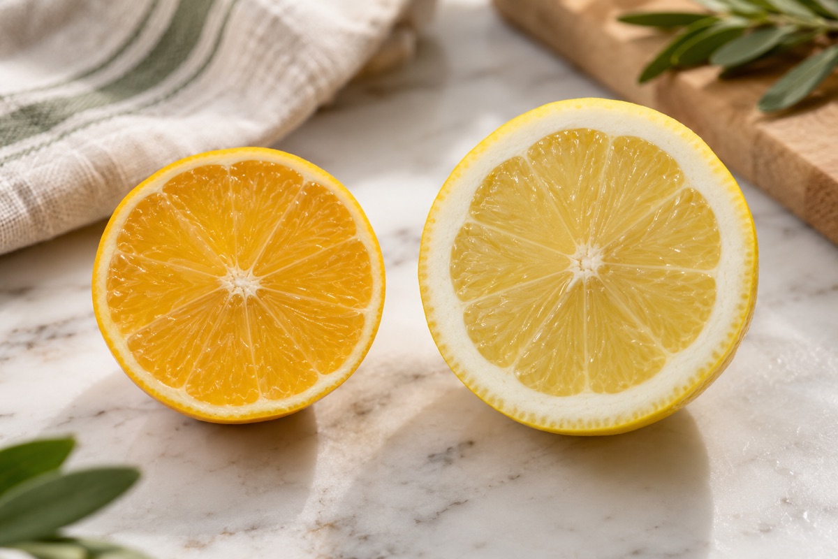 Two cut lemon halves side by side, one with orange-tinged flesh and thin rind, one pale yellow with thicker rind