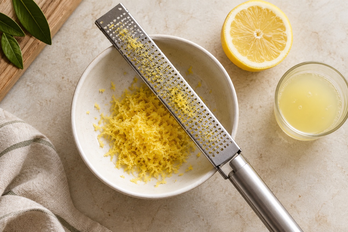 A microplane over a bowl of fine lemon zest next to a halved lemon and a small glass of juice