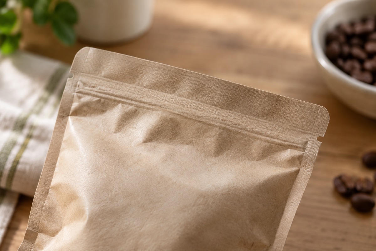 Flat heat-sealed top edge of a plain coffee bag with a small tear notch