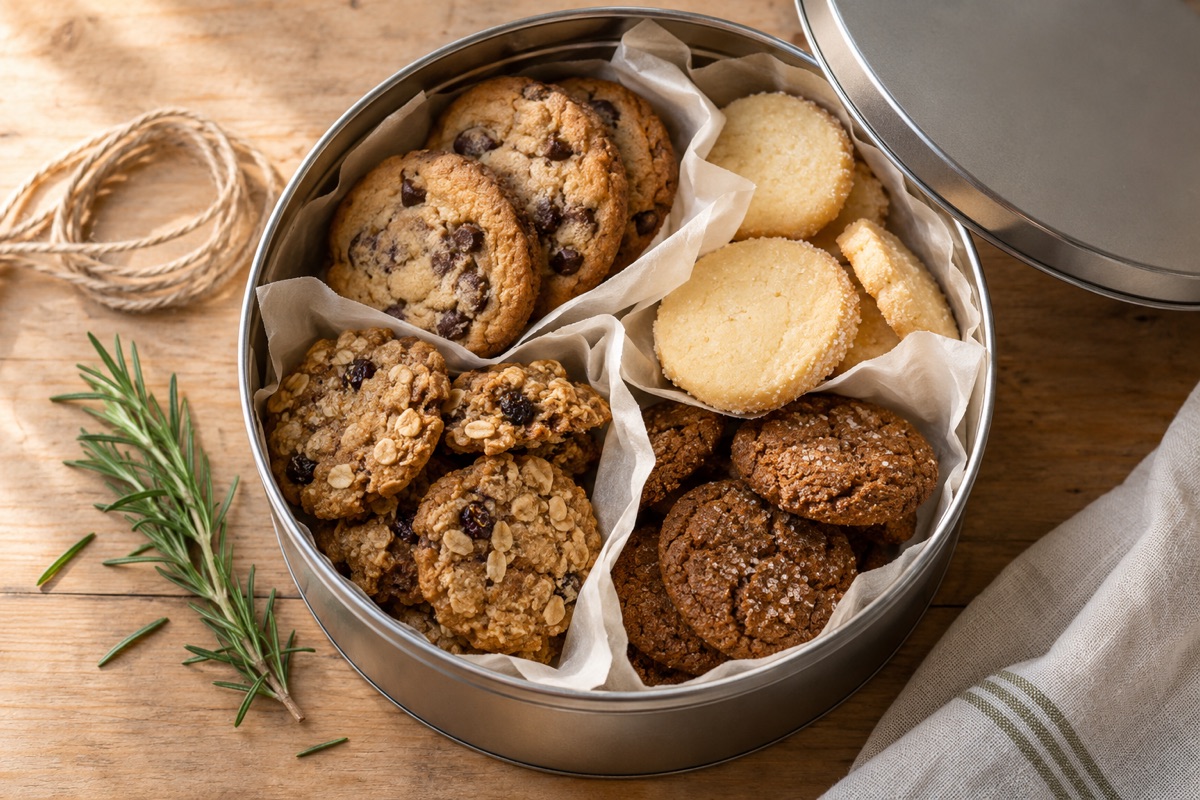 Open cookie tin with cookies separated by layers of parchment paper, with twine beside it