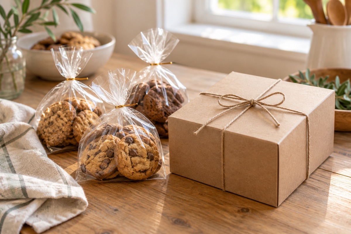 Kraft gift box tied with string beside small clear bags of cookies on a table