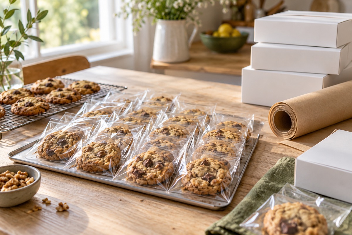 Packing table with bagged cookies, plain white boxes and kraft paper in a small bakery