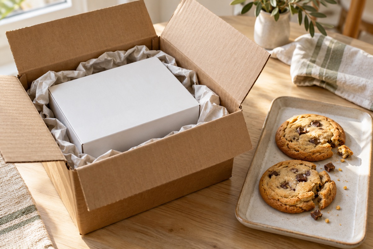 Opened shipping carton with a boxed cookie set cushioned in paper, next to a few broken cookies
