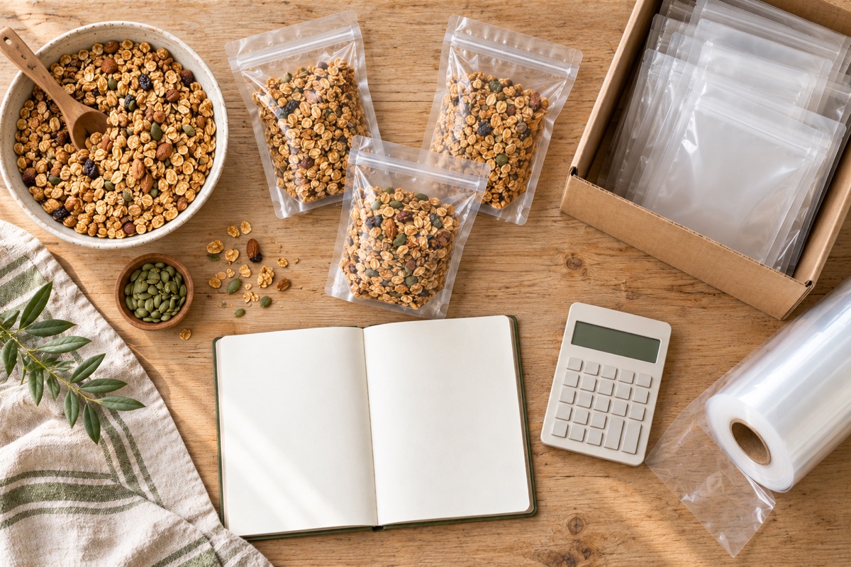 A packing table with a calculator, notebook, empty pouches and filled bags of granola