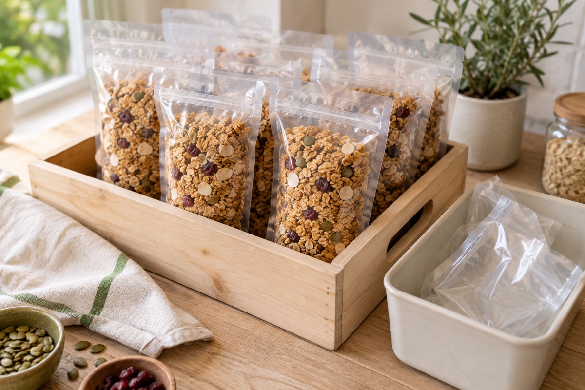 A crate of upright packed pouches with a small bin of discarded pouches beside it