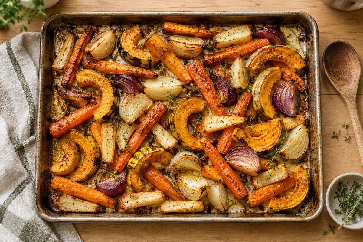 Sheet pan of roasted carrots, onions and squash pieces with a wooden spoon beside it