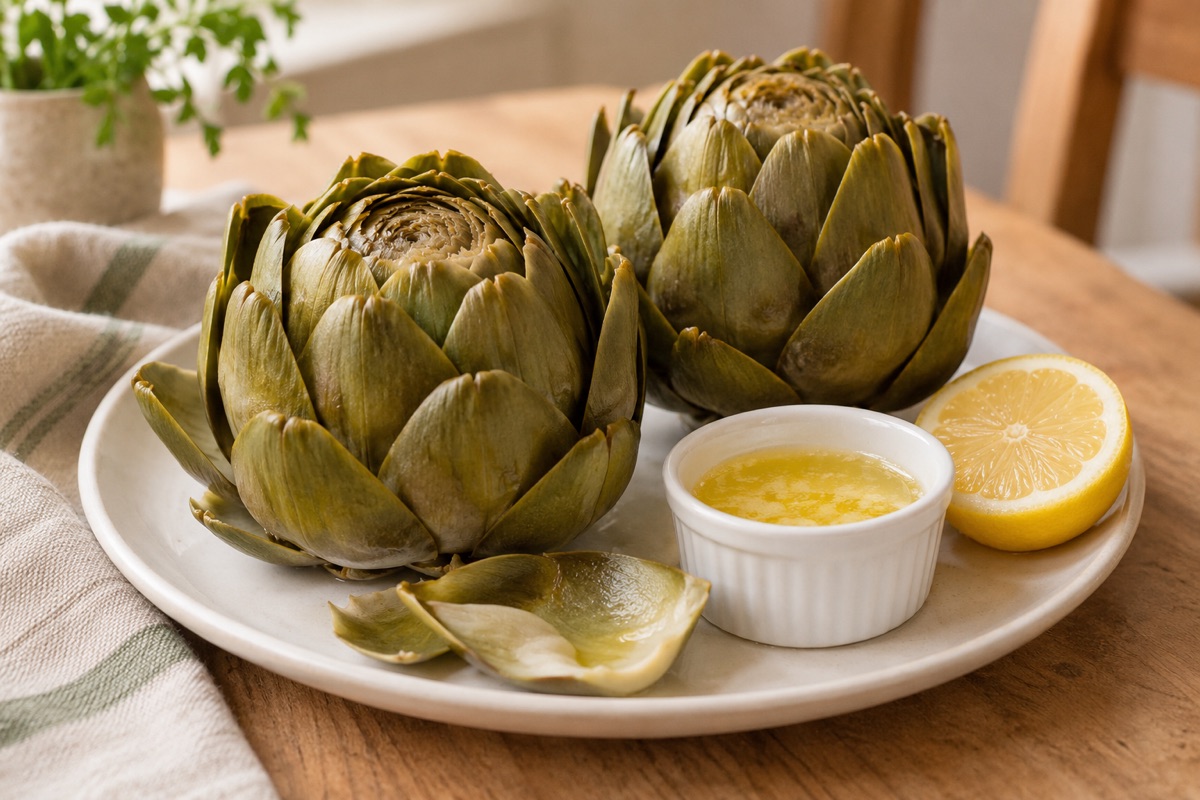 Two whole steamed artichokes on a plate with a ramekin of dipping butter, a lemon half and a few pulled leaves