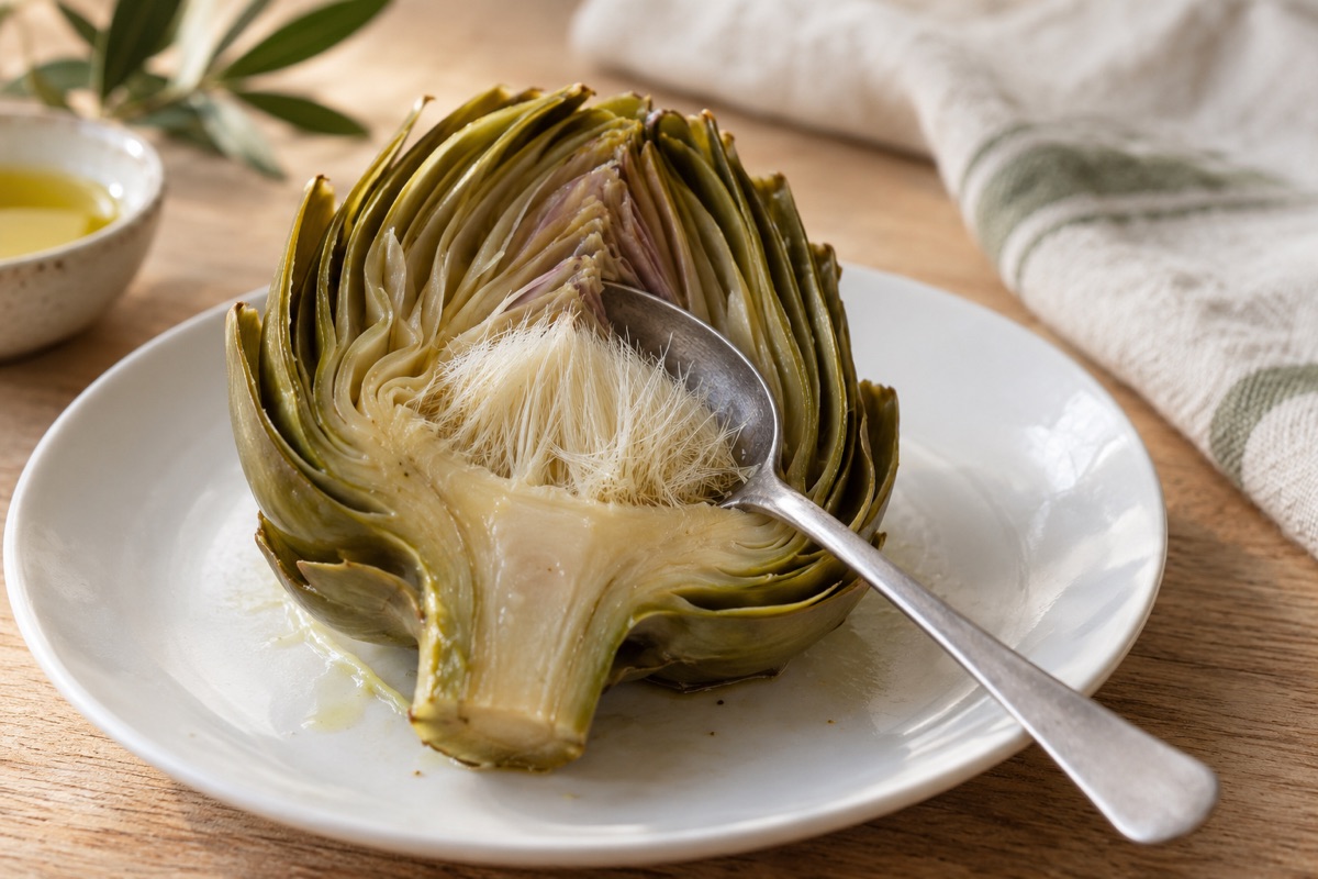A halved cooked artichoke showing the fuzzy choke in the center, a spoon in the cavity, and the heart below