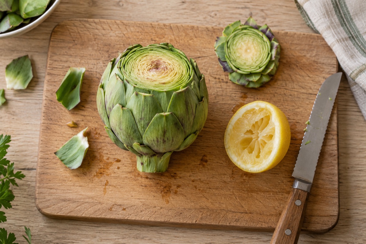 A raw artichoke on a cutting board with its top cut flat and leaf tips trimmed, beside a lemon half and knife