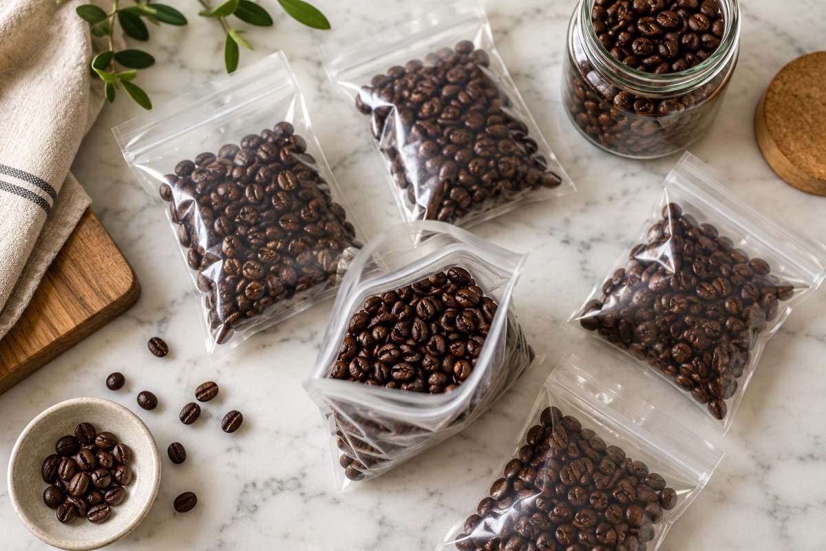 Roasted coffee beans split into small plain bags and a jar on a marble counter