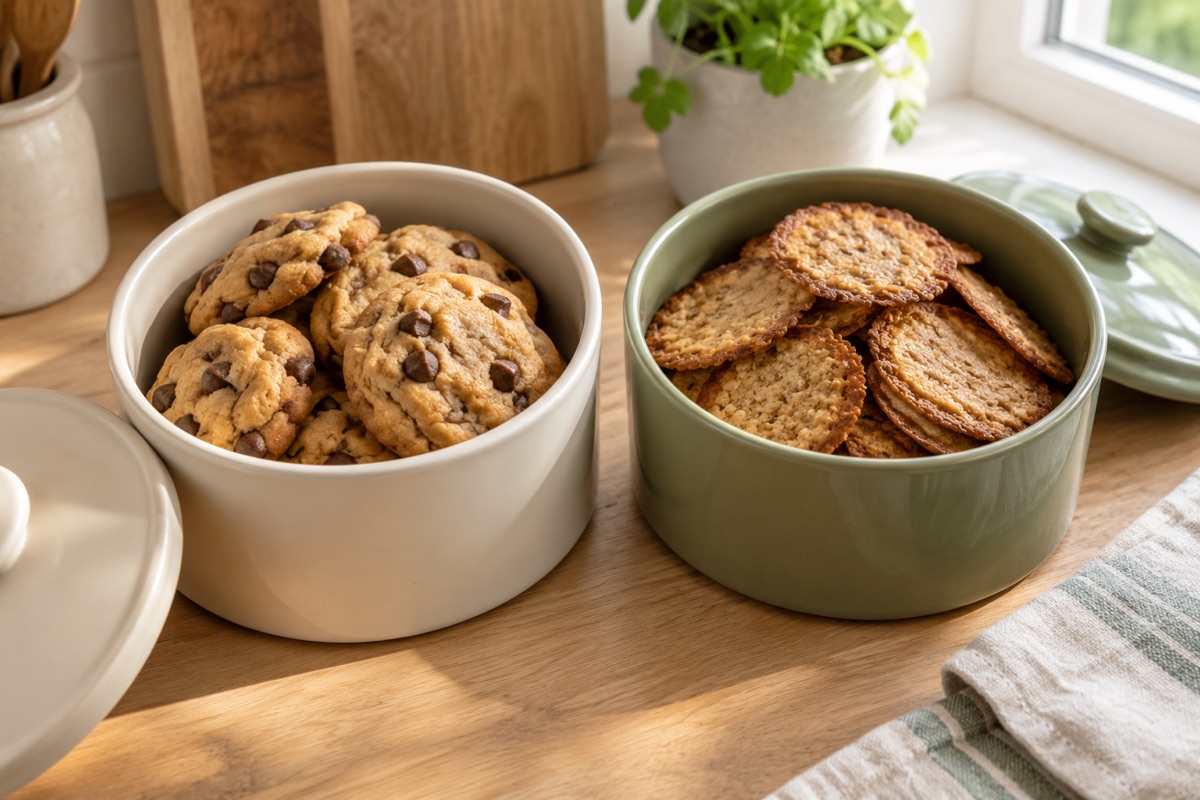 Two containers on a counter, one with soft cookies and one with thin crisp cookies