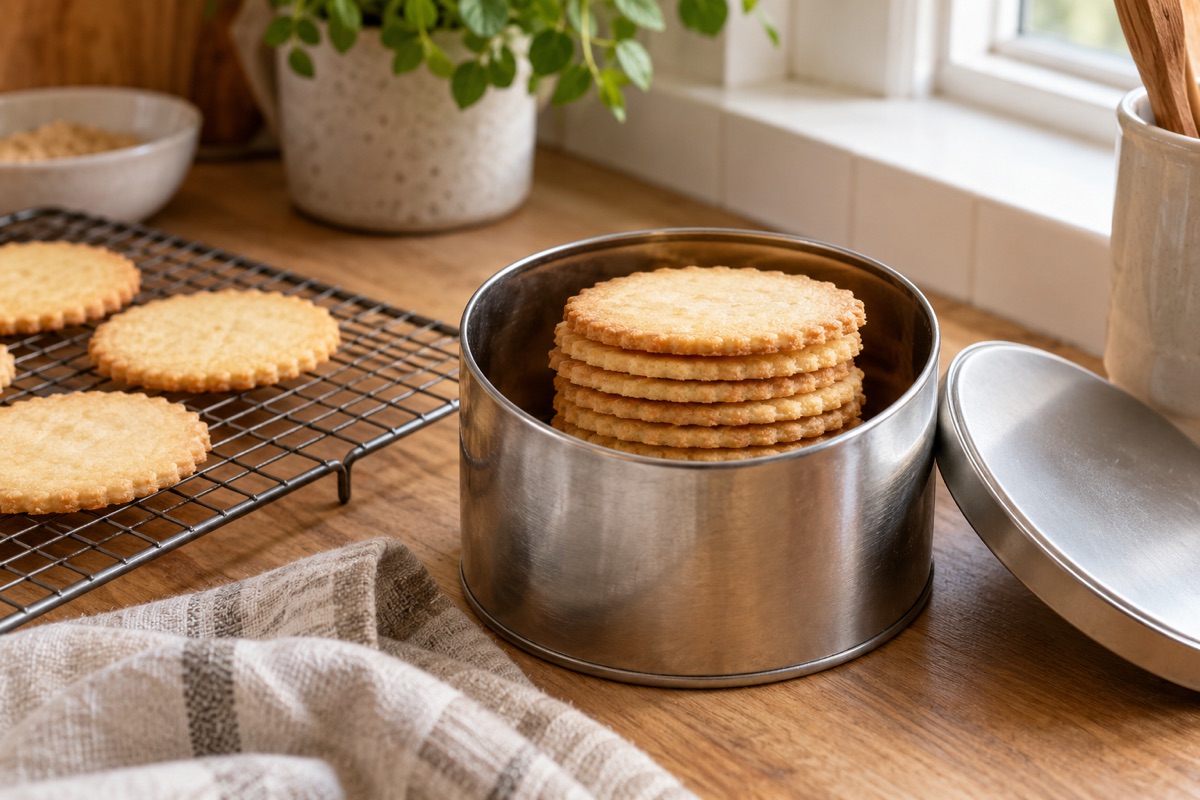 Crisp shortbread cookies stacked in a metal tin beside a cooling rack