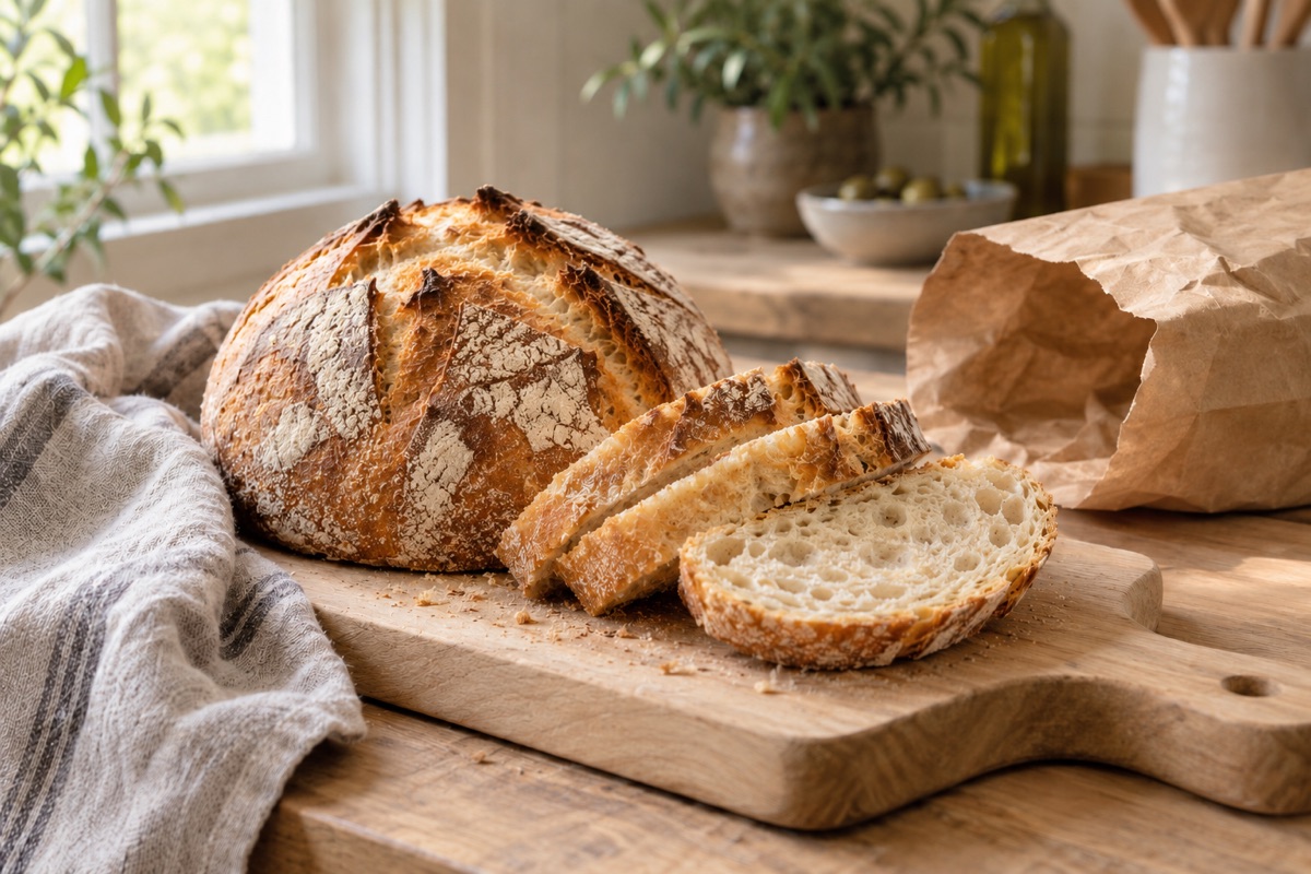 Crusty homemade loaf cut side down on a board beside a linen cloth and a paper bag
