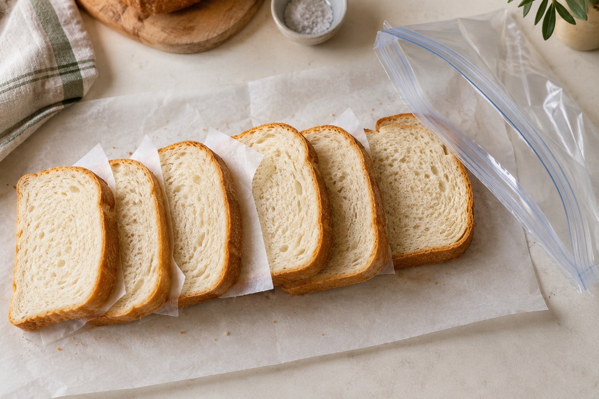 Sandwich bread slices on parchment beside an open freezer bag