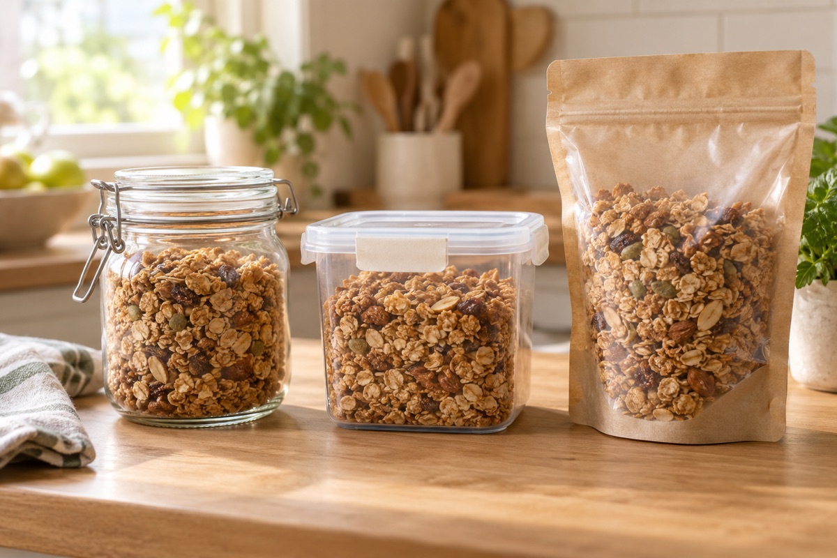Granola in a glass jar, a plastic snap-lid container and a resealable pouch