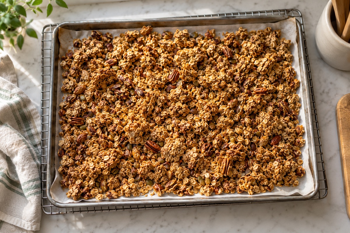Baked granola cooling in clusters on a parchment-lined sheet pan
