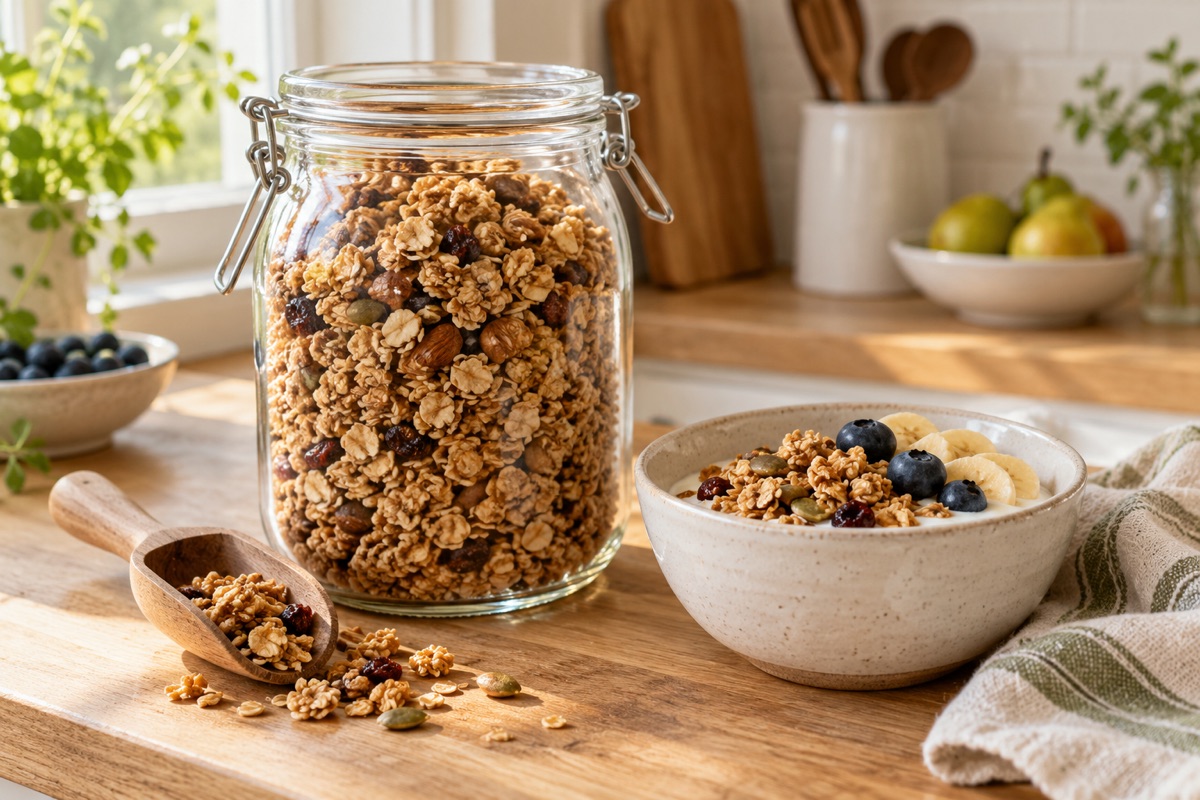 Glass jar of golden granola clusters on a counter with a scoop and a bowl of granola