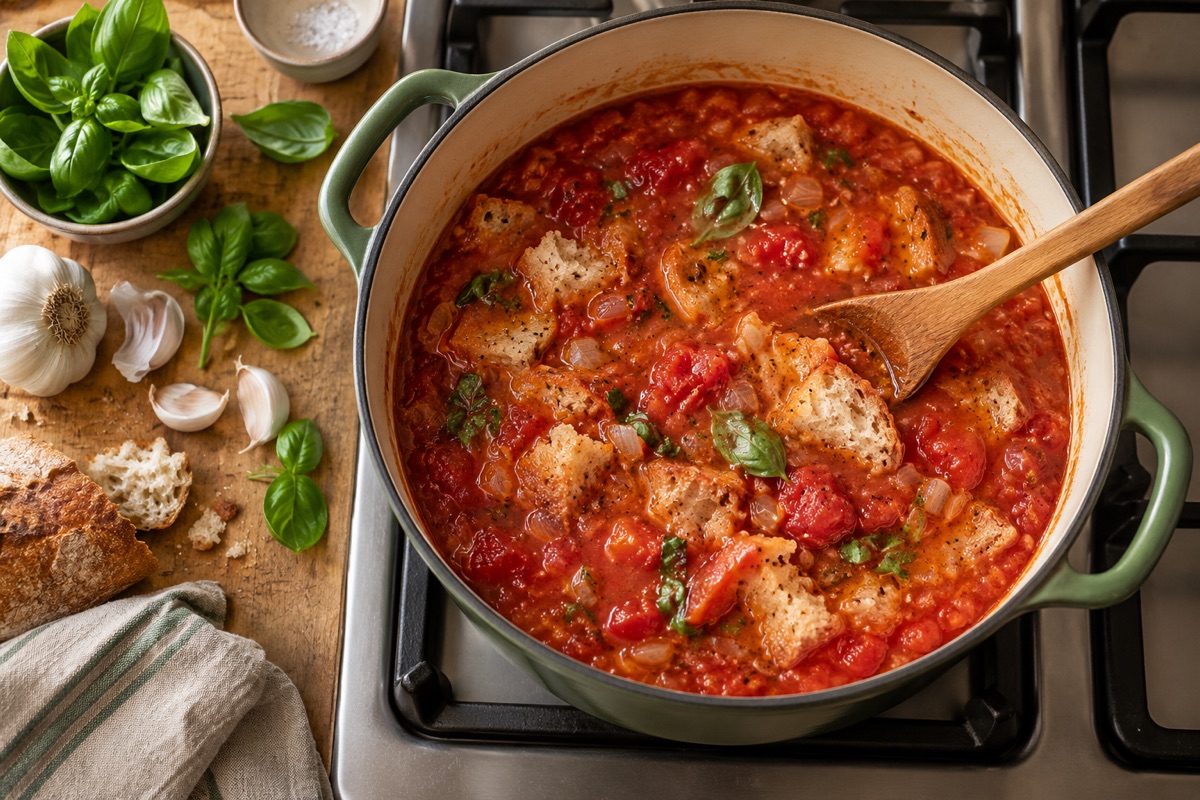 Pot of simmering tomato and bread soup with a wooden spoon, garlic and basil nearby