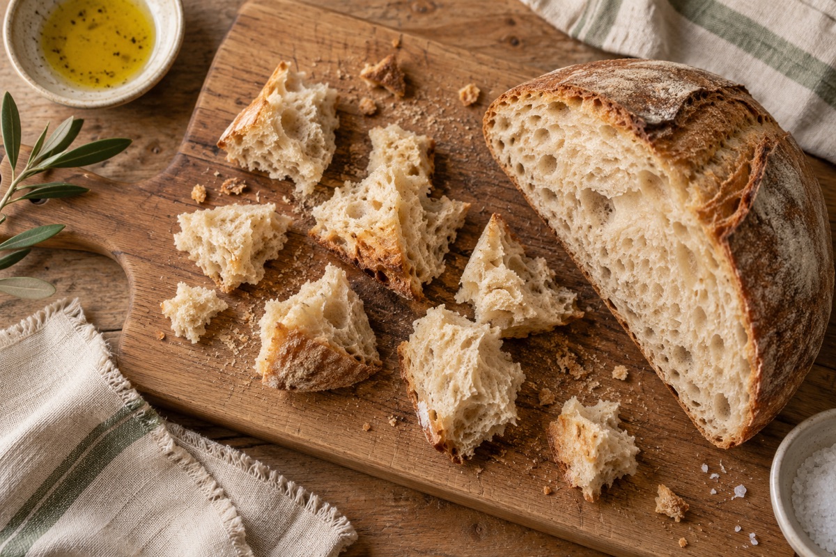 Torn pieces of dry stale country bread on a wooden board beside a halved loaf