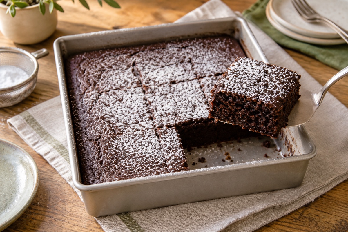 A square chocolate cake in a metal pan dusted with powdered sugar, with one piece lifted to show the crumb